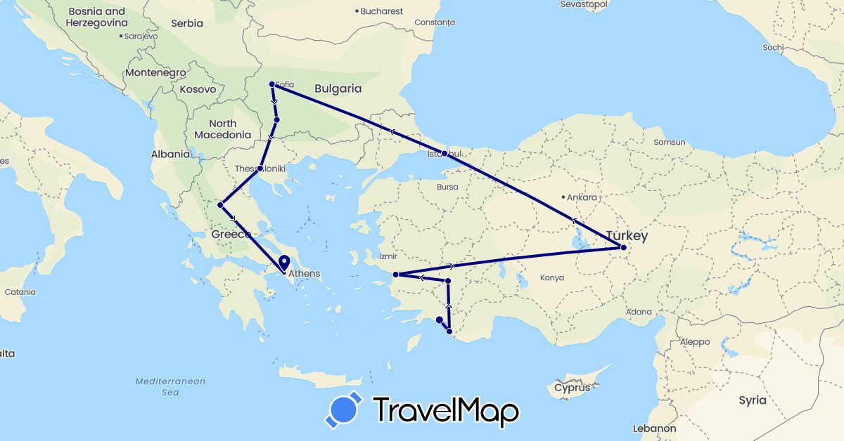 TravelMap itinerary: driving in Bulgaria, Greece, Turkey (Asia, Europe)